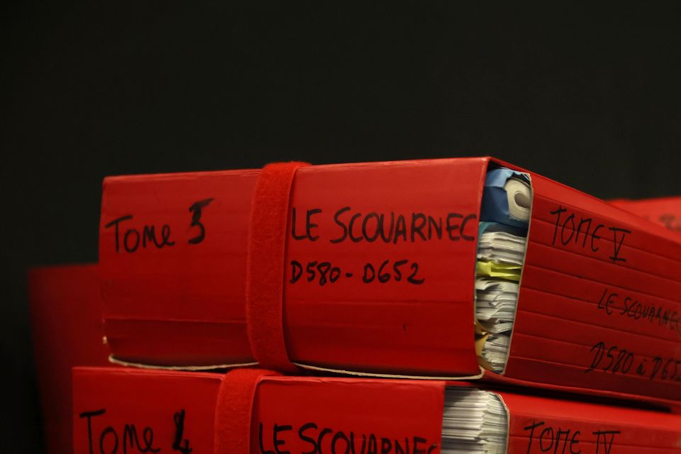 Files are pictured in the Vannes courthouse, western France, on the opening day of the trial of French surgeon Joel Le Scouarnec (AP/Thomas Padilla)