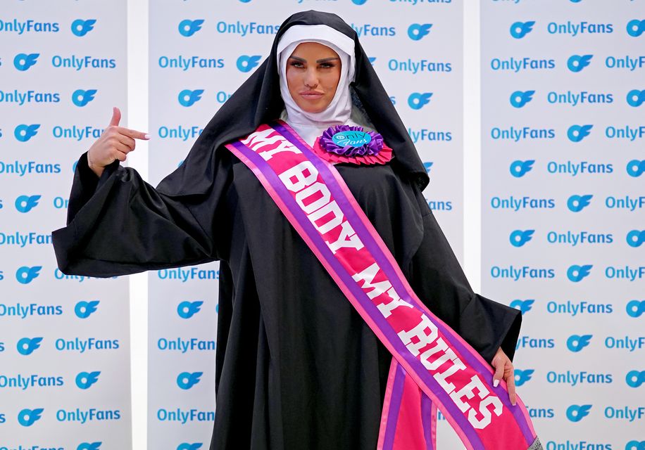 Katie Price dressed as a nun wearing a sash saying ‘My Body My Rules’ as she announced her Only Fans website (Ian West/PA)