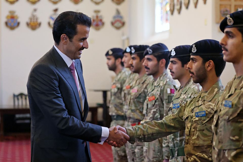 The Emir of Qatar speaks to Qatari cadets during a visit to Royal Military Academy Sandhurst (Chris Jackson/PA)