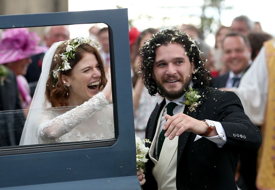 Kit Harington and his Game of Thrones co-star Rose Leslie at Rayne Church, Kirkton of Rayne in Aberdeenshire, after their wedding (Jane Barlow/PA)