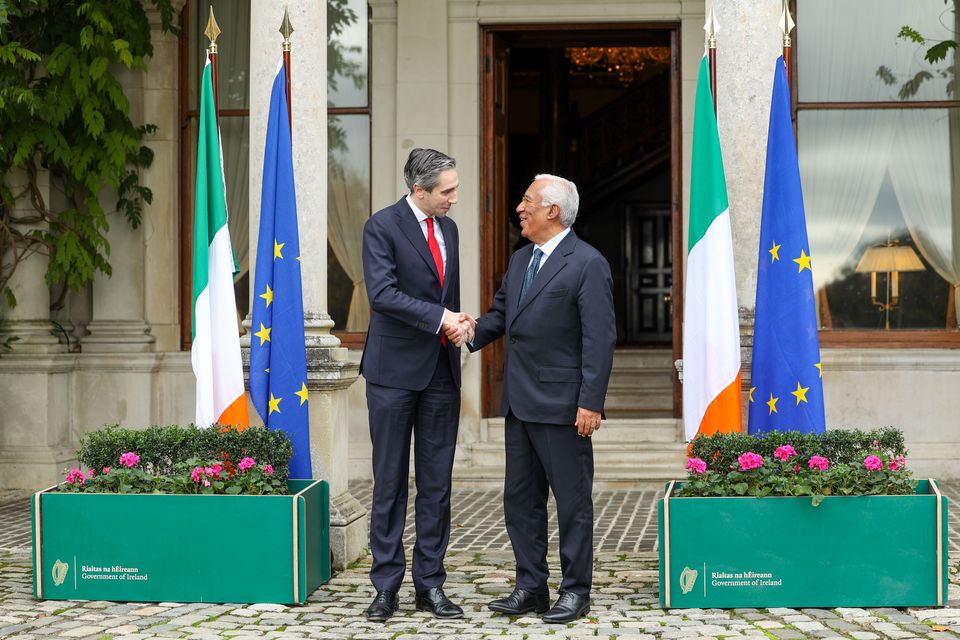 Taoiseach Simon Harris welcoming the incoming President of the European Council, Antonio Costa in Farmleigh House (Government Information Service/PA)