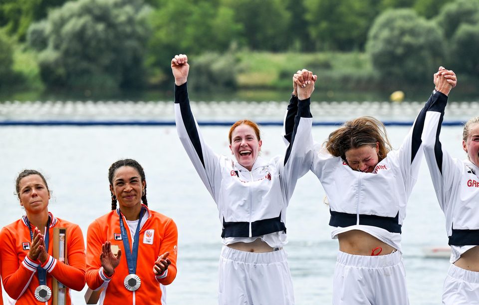 Team Great Britain, (from left) Georgina Brayshaw, Lola Anderson, Hannah Scott and Lauren Henry, celebrate winning a gold medal in the women's quadruple sculls final at Vaires-sur-Marne Nautical Stadium during the 2024 Paris Summer Olympic Games. Photo by Brendan Moran/Sportsfile