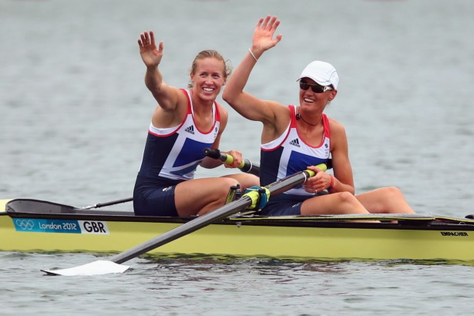 WINDSOR, ENGLAND - AUGUST 01:  (L-R) Heather Stanning and Helen Glover celebrate after winning gold in the Women's Pair Final during the Men's Single Sculls on Day 5 of the London 2012 Olympic Games at Eton Dorney on August 1, 2012 in Windsor, England.  (Photo by Quinn Rooney/Getty Images)