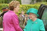 thumbnail: The Queen  shakes hands with Irish President Mary McAleese after arriving at Aras an Uachtarain (The Irish President's official residence) in Phoenix Park, Dublin, Ireland.