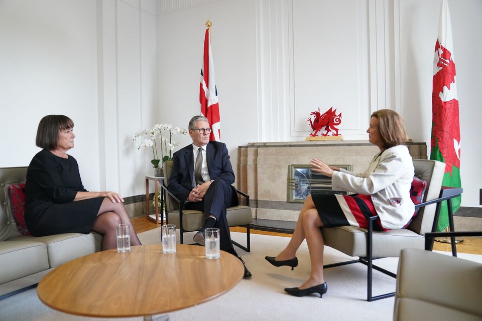 Welsh Secretary Jo Stevens (left) and Prime Minister Sir Keir Starmer meeting First Minister of Wales Eluned Morgan during a visit to Cathays Park in Cardiff (Stefan Rousseau/PA)