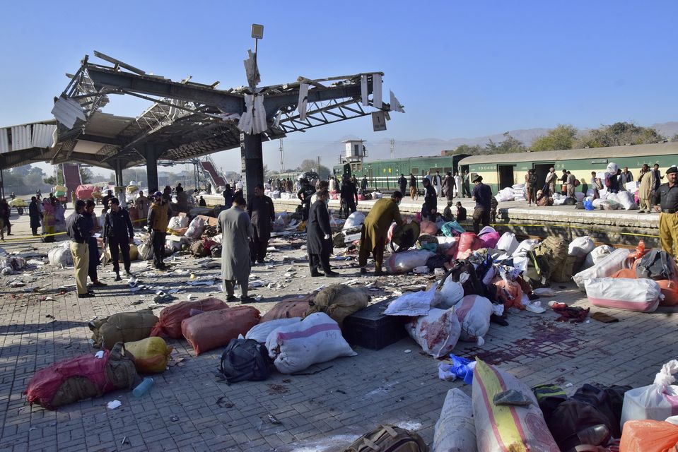 The site of a bomb explosion at a railway station in Quetta, south western Pakistan (Arshad Butt/AP)