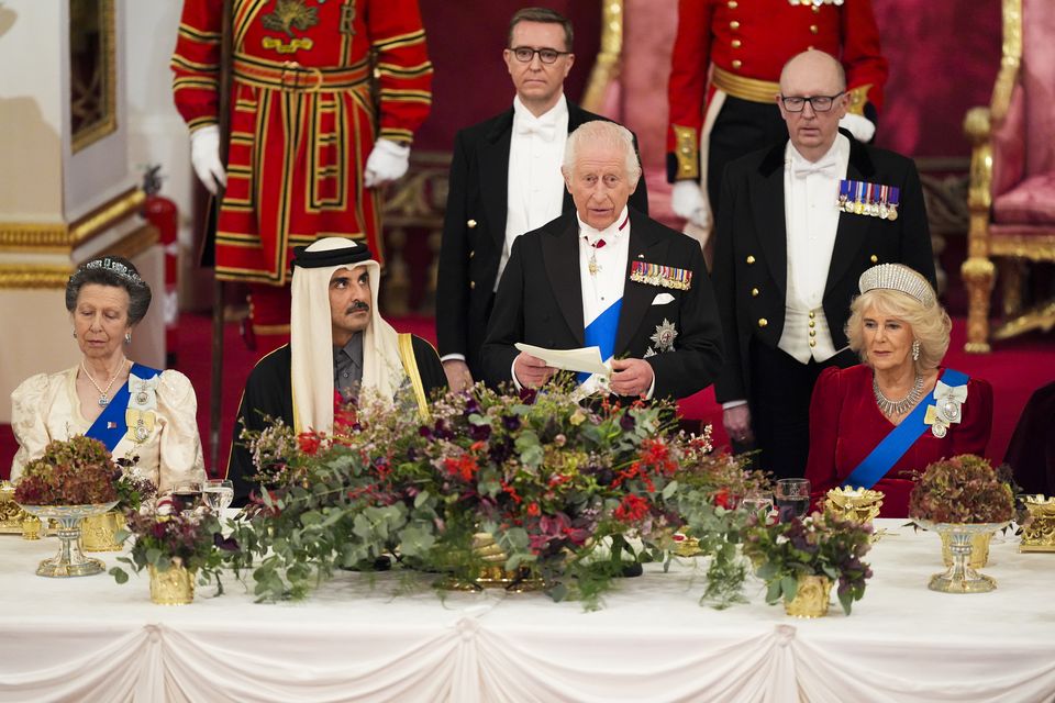 The King and Queen with the Emir of Qatar Sheikh Tamim bin Hamad Al Thani and The Princess Royal during a state banquet at Buckingham Palace (Jordan Pettitt/PA)