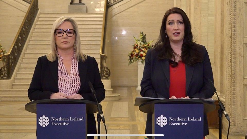 First Minister Michelle O’Neill and deputy First Minister Emma Little Pengelly during a press conference on the Storm Eowyn response in Parliament Buildings (David Young/PA)