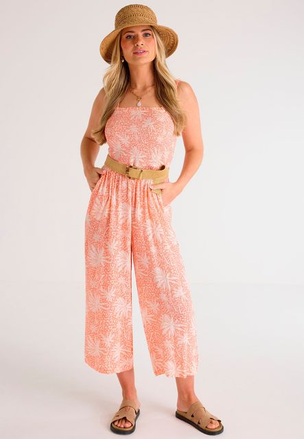 Peach Palm Print Shirred Jumpsuit, £22, Peacocks
