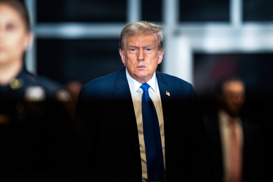 NEW YORK, NY - APRIL 18: Republican presidential candidate, former President Donald Trump walks out to speak to reporters at the end of the day as jury selection continues at Manhattan Criminal Court on April 18, 2024 in New York City. Trump was charged with 34 counts of falsifying business records last year, which prosecutors say was an effort to hide a potential sex scandal, both before and after the 2016 presidential election. Trump is first former U.S. president to face trial on criminal charges. (Photo by Jabin Botsford - Pool/Getty Images)