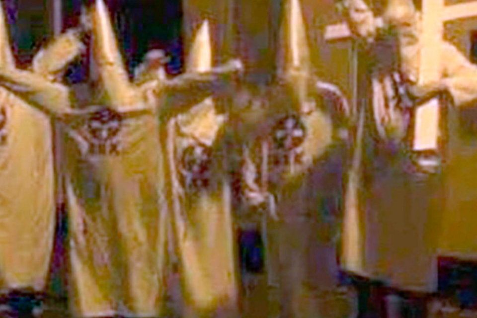 A gang of men dressed as the KKK outside the Bangladesh Islamic Centre in Newtownards back in October 2018.