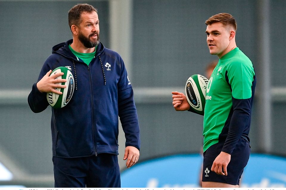 Head coach Andy Farrell with Garry Ringrose during an Ireland Rugby squad training session at the IRFU High Performance Centre at the Sport Ireland Campus in Dublin. Photo: David Fitzgerald/Sportsfile
