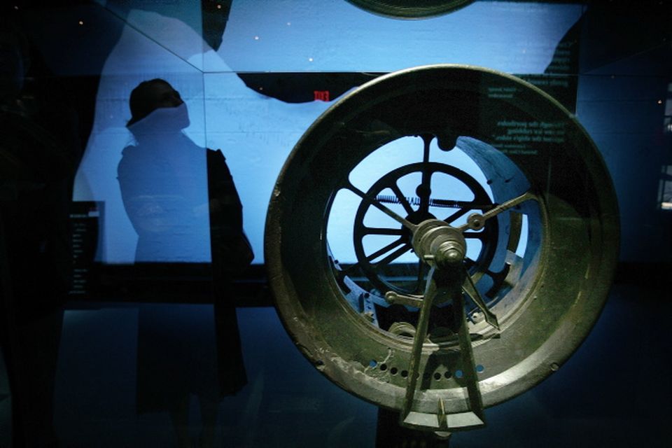 A telegraph wheel from the Titanic is displayed in the Titanic: Artifact Exhibition at the Metreon on June 6, 2006 in San Francisco, California.