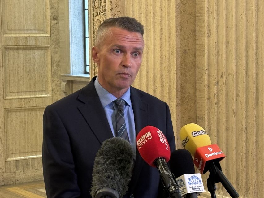 David Jackson, chief executive of Causeway Coast and Glens Council, speaks to media in the Great Hall in Stormont (Rebecca Black/PA)