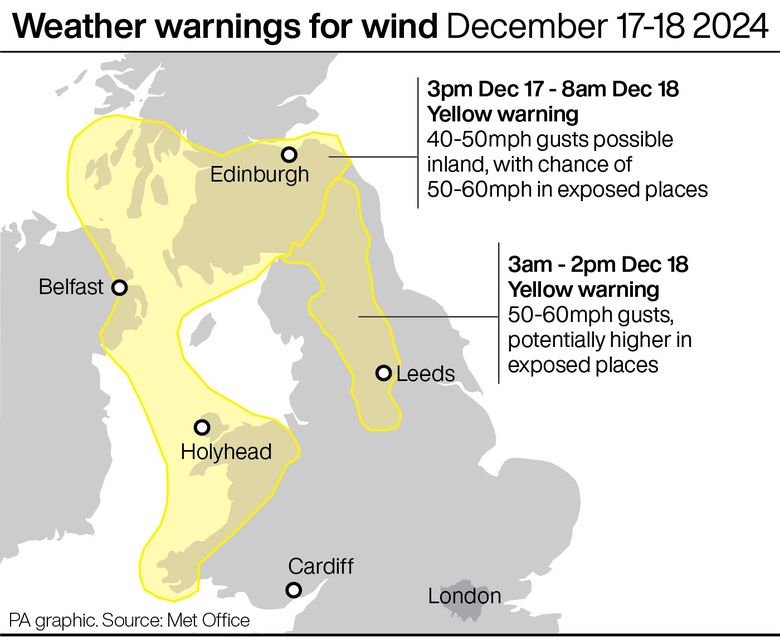 Weather warning for wind December 17-18 (PA Graphics)