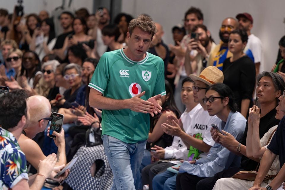 Jonathan Anderson on the catwalk, in the Ireland jersey his father Willie wore