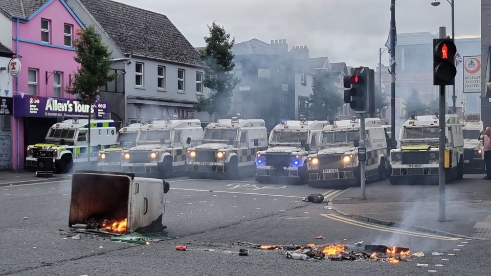 PSNI officers man road blocks in Belfast following an anti-Islamic protest outside Belfast City Hall (PA)