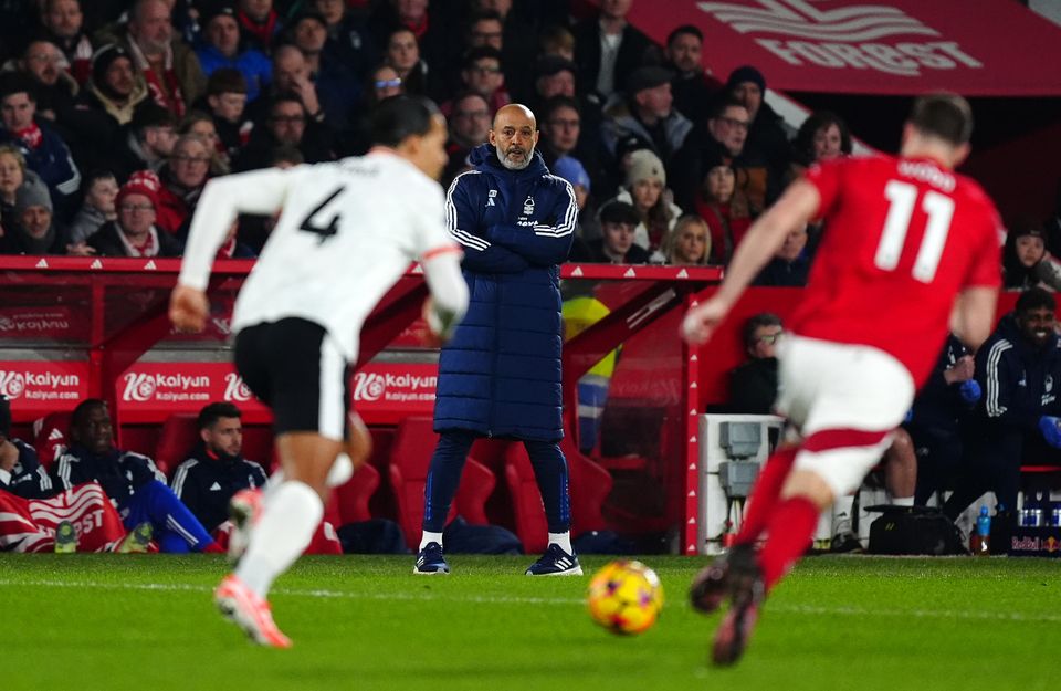 Nuno Espirito Santo, centre, watches Nottingham Forest’s draw with Liverpool (Mike Egerton/PA)