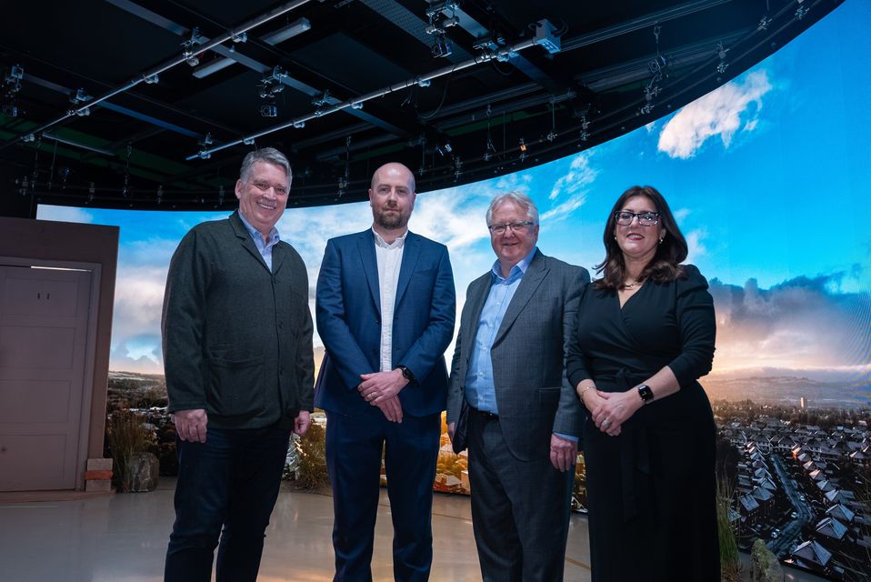 (L-R): Richard Williams, Chief Executive of Northern Ireland Screen; Donal Phillips, Business Development Manager for the Creative Industries at Queen's; Professor Michael Alcorn, Director of the MediaLab at Queen's; and Deborah Colville, Director of the UK Digital Twin Centre, delivered by Digital Catapult, and Honorary Professor of Practice at Queen’s. 