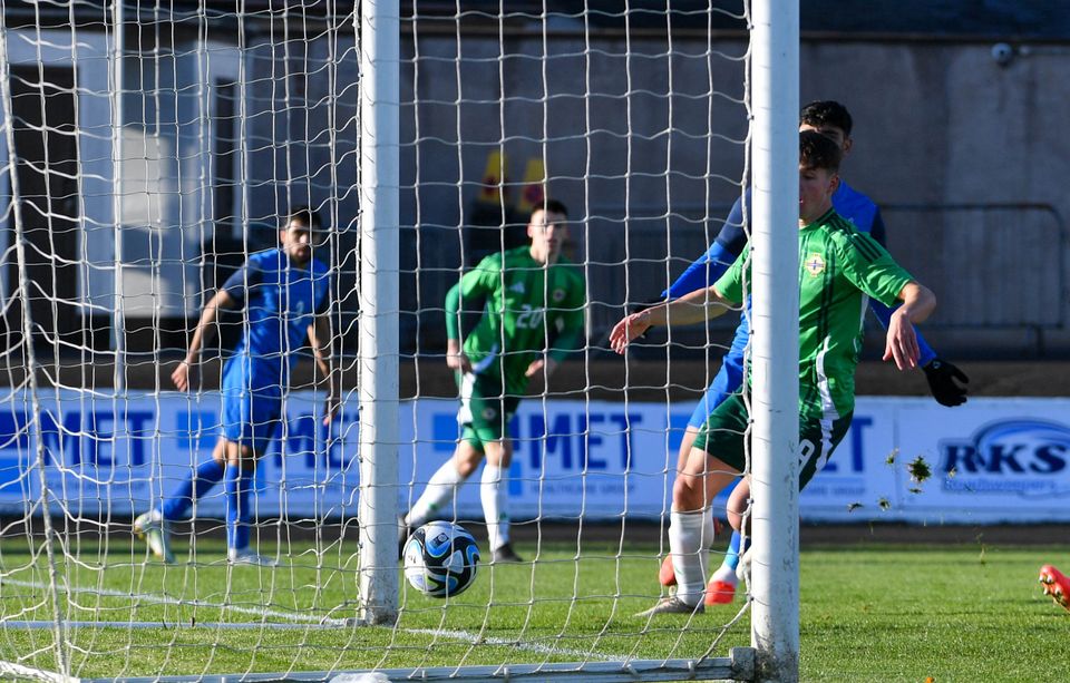 Shea Kearney's cross is turned in by Azerbaijan goalkeeper Rustam Samigullin at the Ballymena Showgrounds