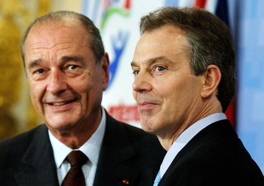 Tony Blair (right) and Jacques Chirac. Mr Berlusconi was furious at being shut out of their talks with Germany’s Gerhard Schroeder (Stefan Rousseau/PA)