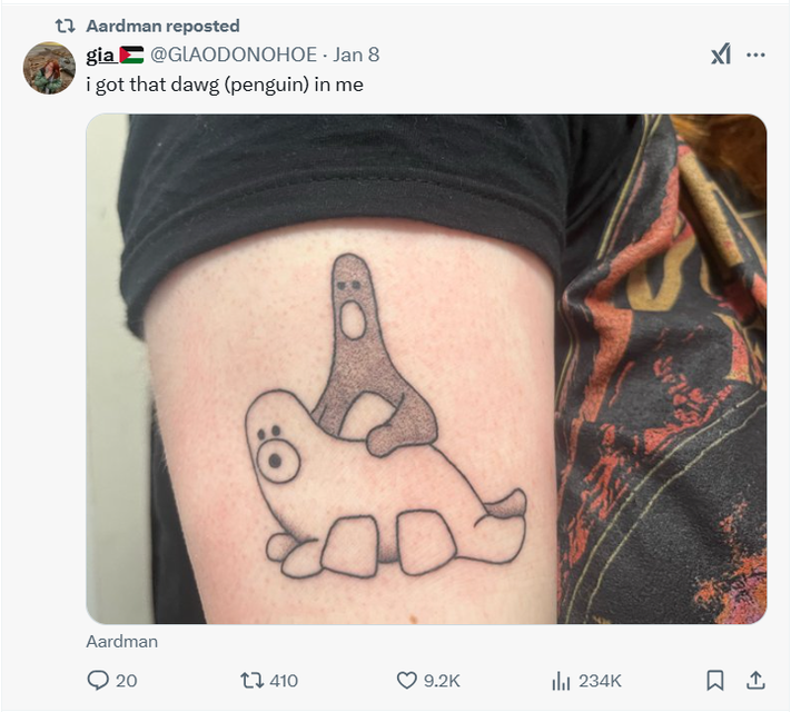 Screengrab of Aardman reposting Ms O’Donohoe’s X post about her tattoo (X/PA)