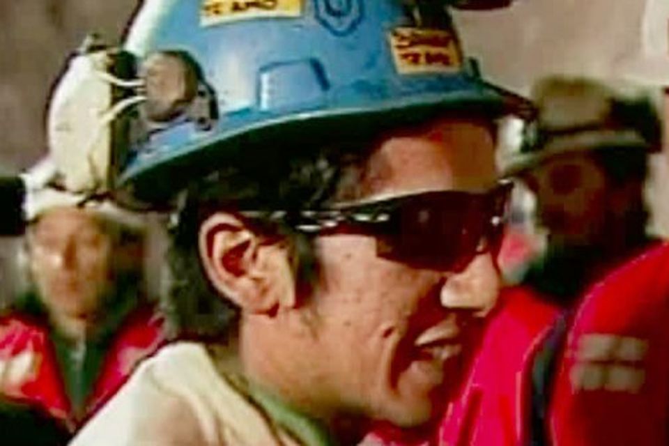 Jimmy Sanchez, the fifth miner to be rescued, celebrates after his rescue Wednesday, Oct. 13, 2010 at San Jose Mine
