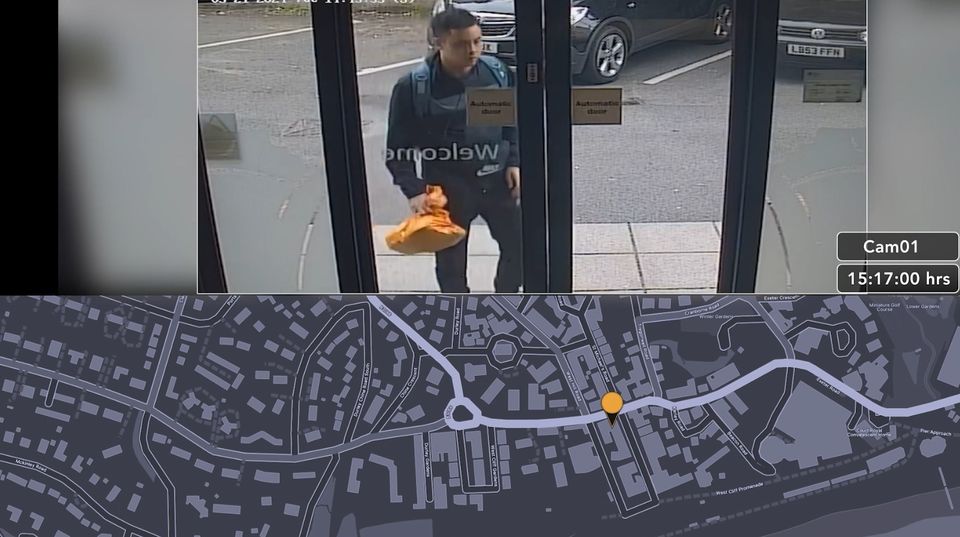 CCTV footage issued by the Crown Prosecution Services showed Nasen Saadi arriving at a Travelodge in Bournemouth. Below, a map of the location (Crown Prosecution Service/PA)