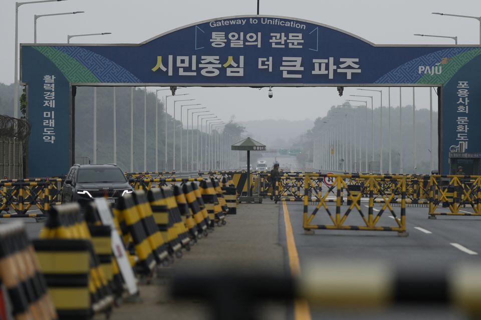 Barricades are placed near the Unification Bridge, which leads to the Panmunjom in the Demilitarised Zone in Paju, South Korea (Lee Jin-man/AP)