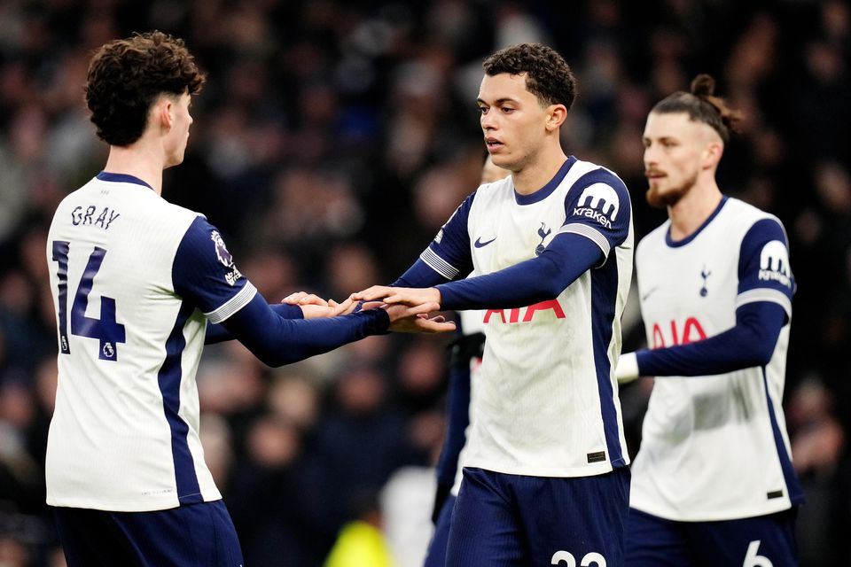 Brennan Johnson (centre) celebrates putting Tottenham ahead (John Walton/PA)