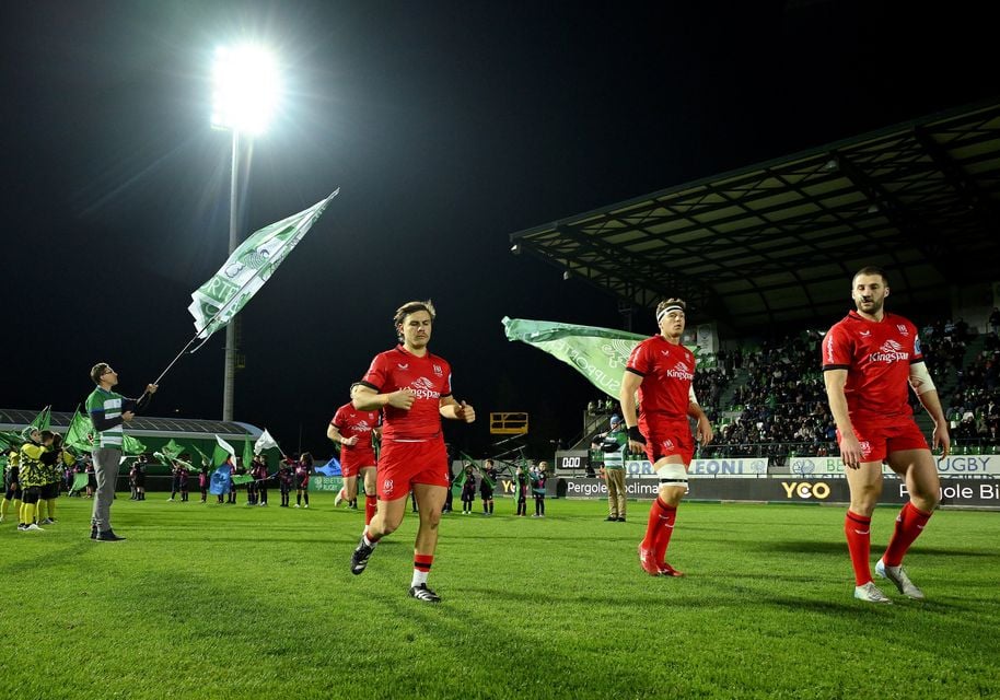 Ulster's Aidan Morgan and Stuart McCloskey run out ahead of their side's clash with Benetton