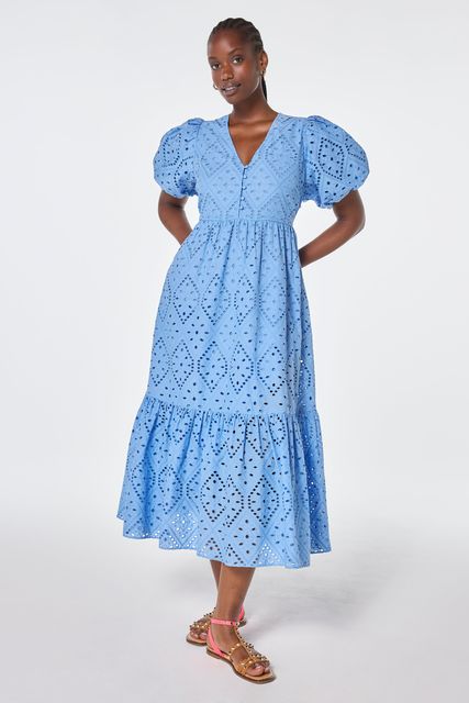 Light Blue Broderie Anglaise Puff Sleeve Midi,  £140, Scamp & Dude

