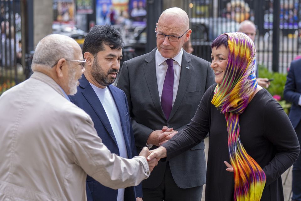 First Minister John Swinney and Justice Secretary Angela Constance (right) meet Imam Habib Rauf (left) at Edinburgh Central Mosque. (Jane Barlow/PA)