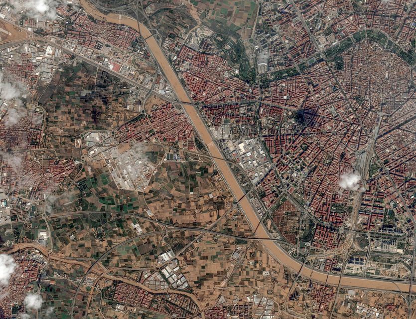 This satellite image released by Maxar Technologies shows mud caused by floods across Valencia, Spain (Satellite image ©2024 Maxar Technologies/AP)