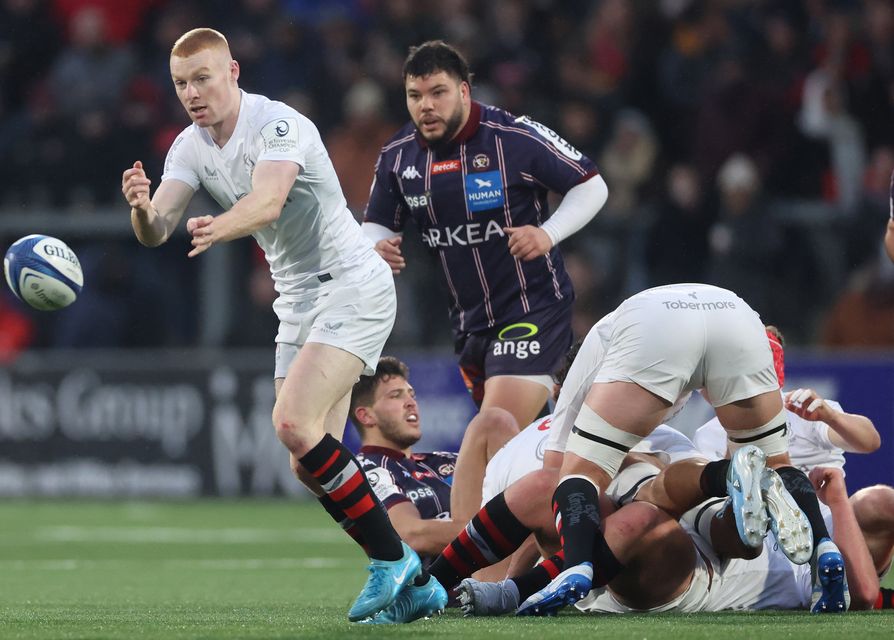 Ulster's Nathan Doak plays a pass during his side's Champions Cup clash with Bordeaux Bègles