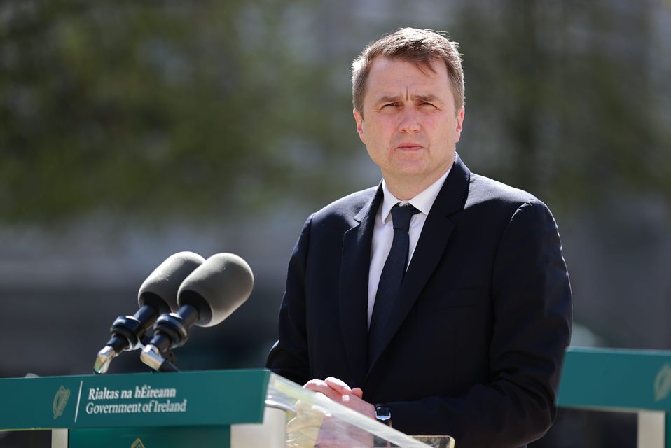 Minister James Browne speaking to the media at Government Buildings in Dublin about increased penalties for knife crime (Liam McBurney/PA)