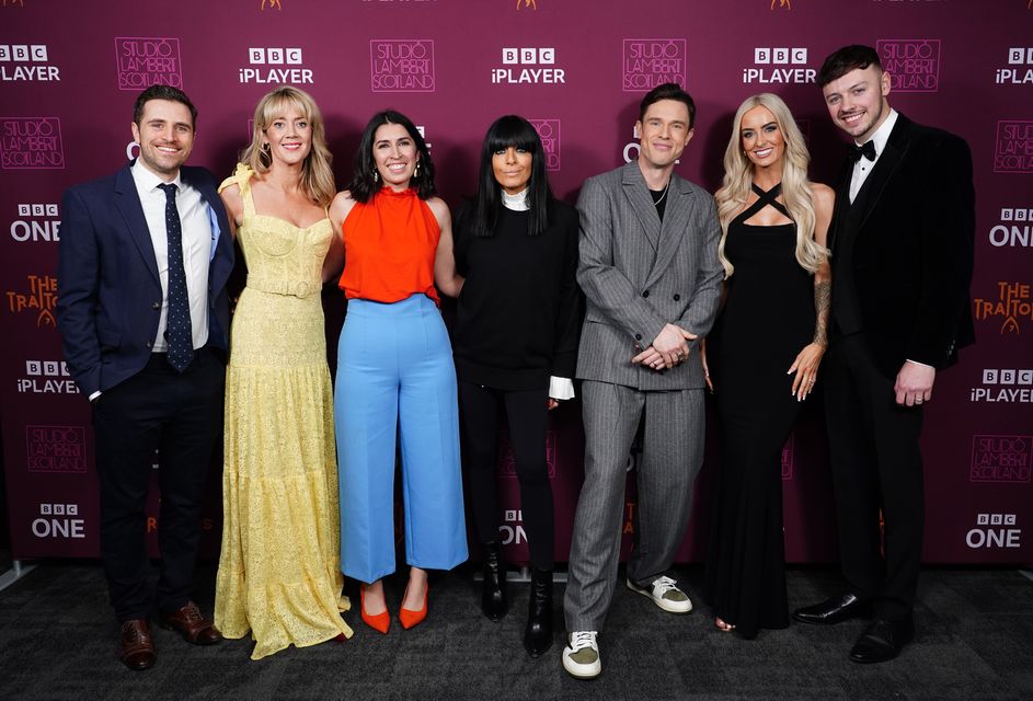 Alexander, Frankie, Charlotte, Claudia Winkleman, Ed Gamble, Leanne and Jake from The Traitors (Ian West/PA)