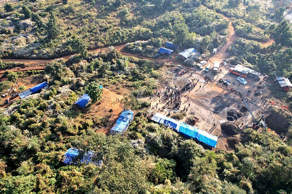 Indian Army image shows an aerial view of the site where at least nine workers are trapped inside a coal mine (Indian Army/AP)