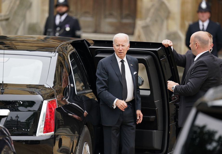 US President Joe Biden arrives for the state funeral of Queen Elizabeth II (Andrew Milligan/PA)