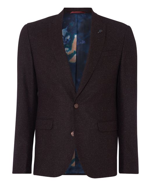 Burgundy slim fit wool-rich casual suit jacket with melange fabric and peak lapels, £179