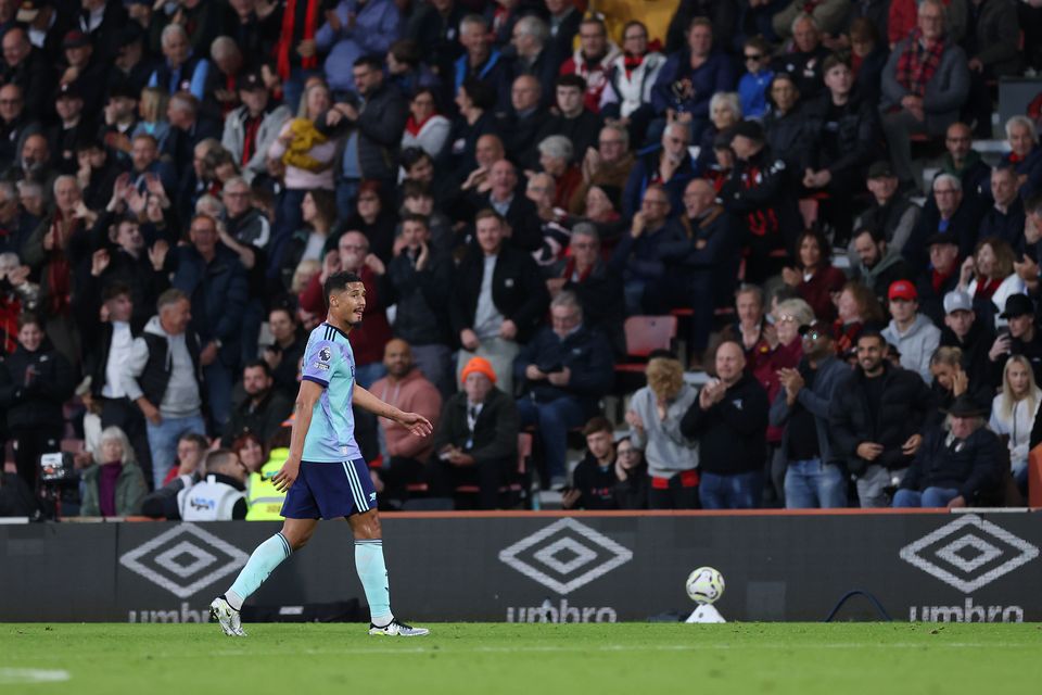 William Saliba was sent off against Bournemouth (Steven Paston/PA)