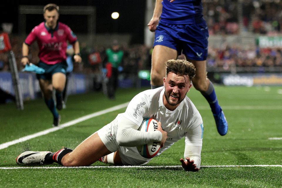 Ben Carson bags a try during Ulster’s inter-provincial loss to Leinster at Ravenhill