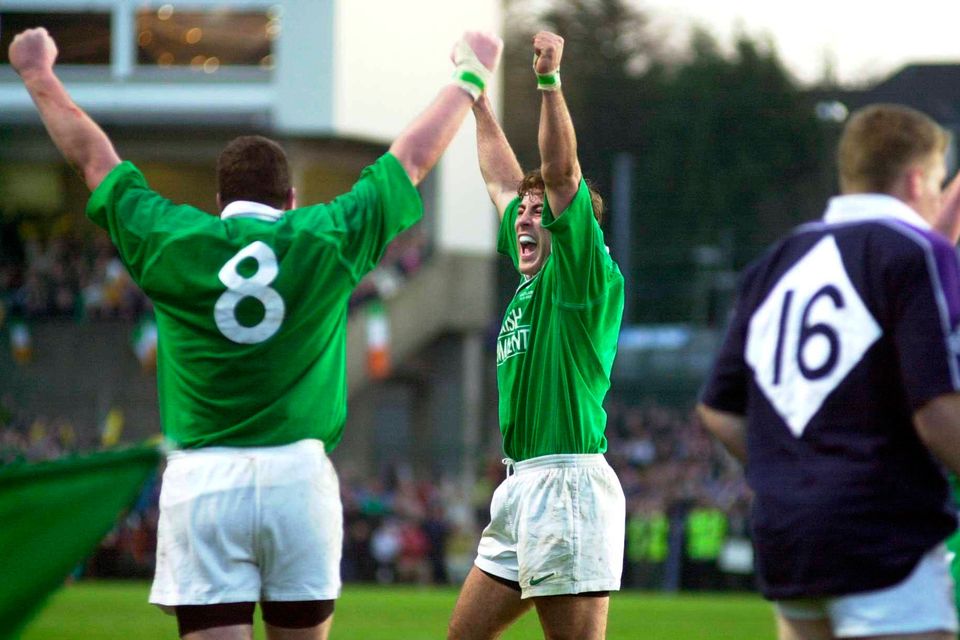 Ireland's Kieron Dawson celebrates securing a crucial victory over Scotland at Lansdowne Road in 2000