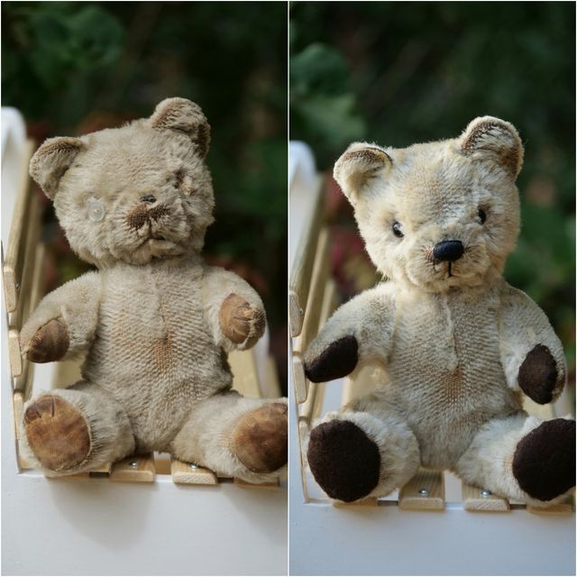 Left to right, a teddy before and after Mrs Wilkinson repaired it (Sarah Wilkinson/PA)