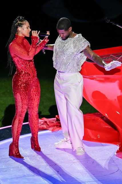 Alicia Keys performs with Usher during the Apple Music Halftime Show at Super Bowl LVIII, Allegiant Stadium, Las Vegas (PA)