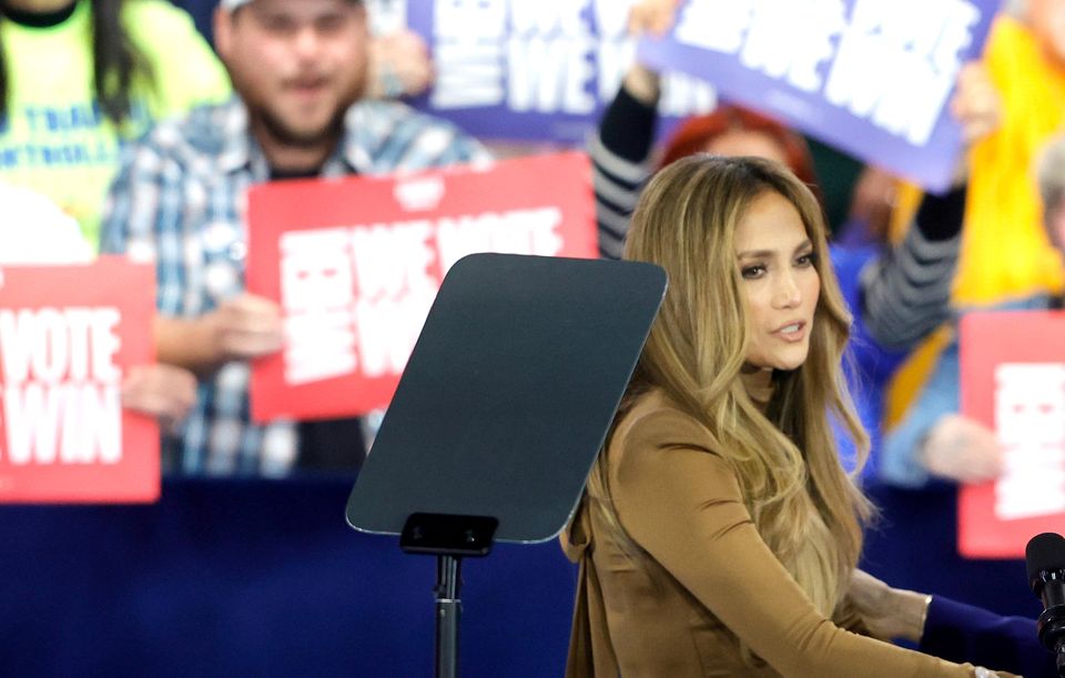 Kamala Harris greets Jennifer Lopez during a campaign rally in Las Vegas (Steve Marcus/AP)