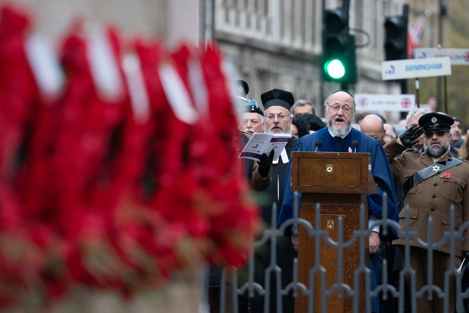 Chief Rabbi Sir Ephraim Mirvis speaking at the annual parade by AJEX (Stefan Rousseau/PA)