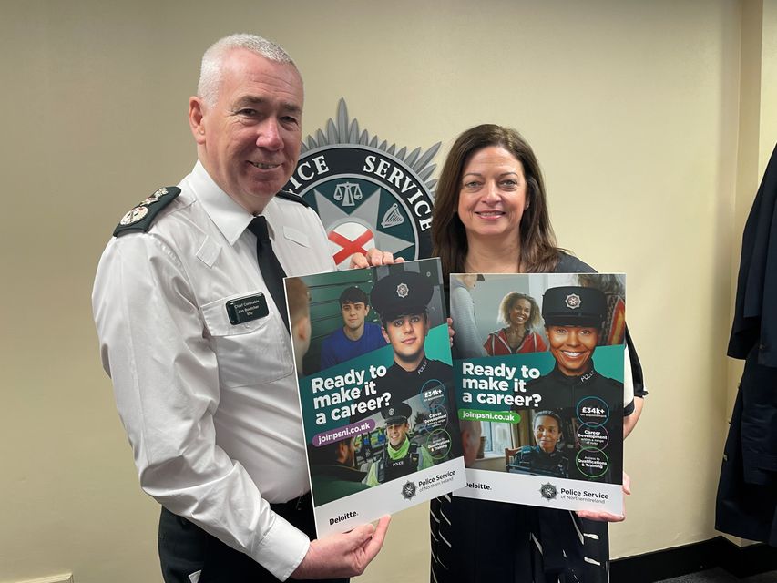 Mr Boutcher and the PSNI’s chief operating officer Pamela McCreedy launch the recruitment drive (Jonathan McCambridge/PA)