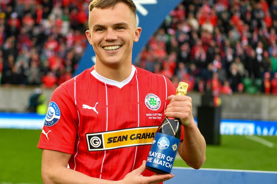 Rory Hale of Cliftonville with his man of the match prize after their Irish Cup final win over Linfield