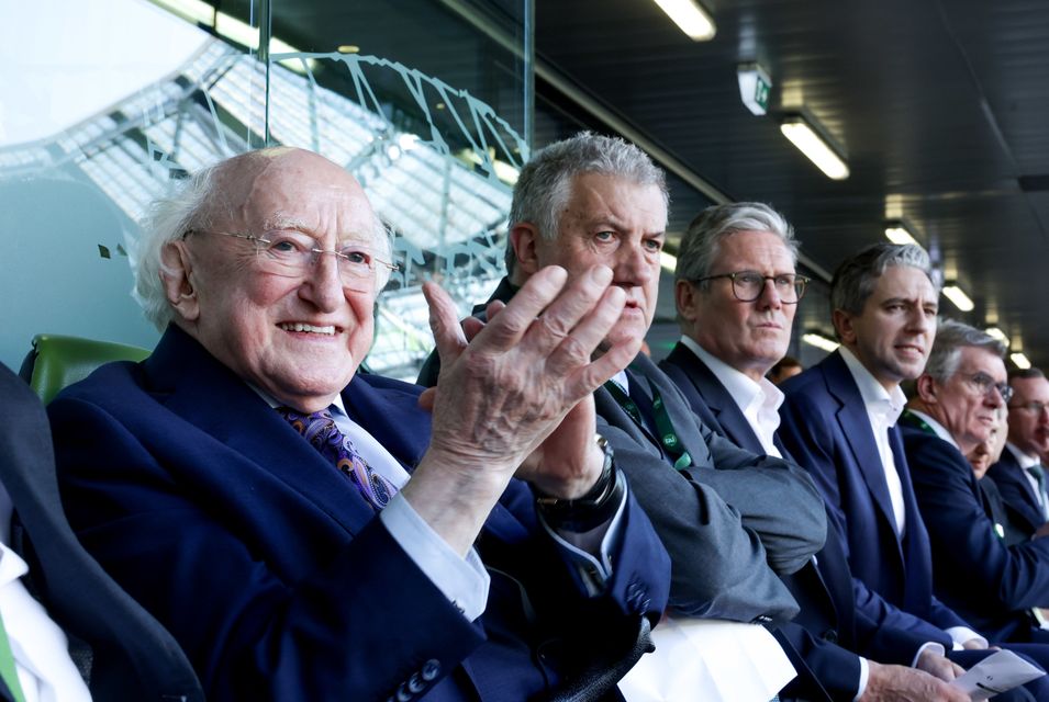 Left to right, president of Ireland Michael D Higgins, FAI president Paul Cooke, Prime Minister Sir Keir Starmer and Taoiseach Simon Harris during the Republic of Ireland v England match at the Aviva Stadium in Dublin (Tony Maxwell/PA)